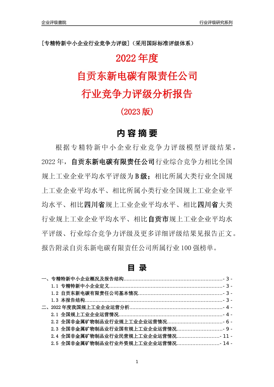 [专精特新]自贡东新电碳有限责任公司行业竞争力评级分析报告(2023版)_第1页