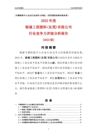 [专精特新]银禧工程塑料(东莞)有限公司行业竞争力评级分析报告(2023版)