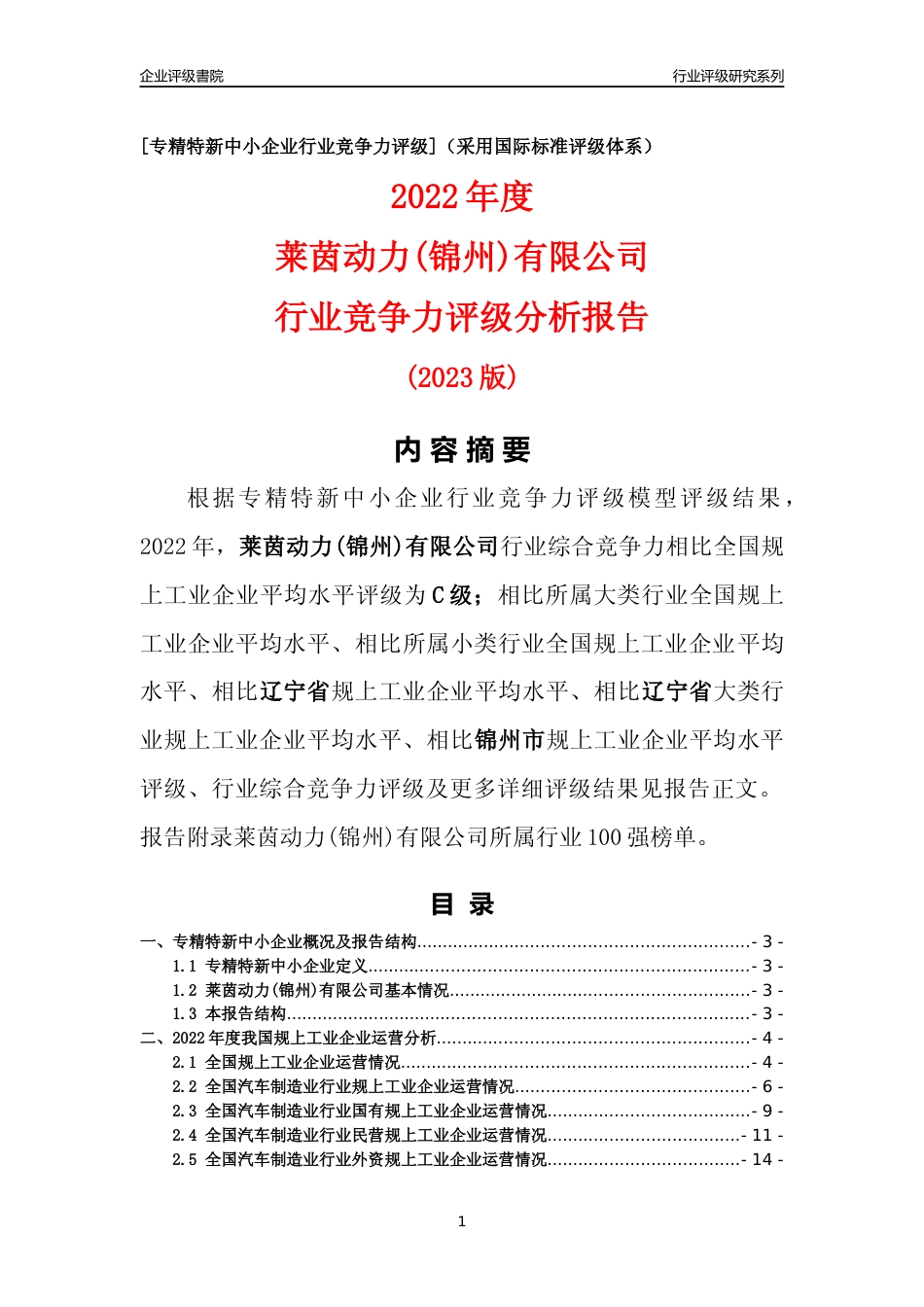[专精特新]莱茵动力(锦州)有限公司行业竞争力评级分析报告(2023版)_第1页