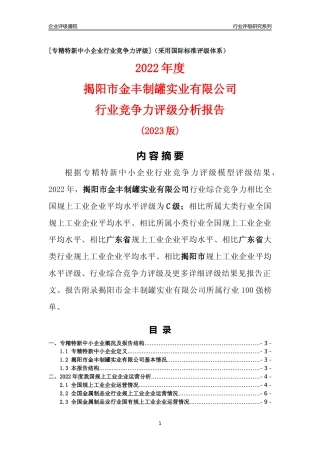 [专精特新]揭阳市金丰制罐实业有限公司行业竞争力评级分析报告(2023版)
