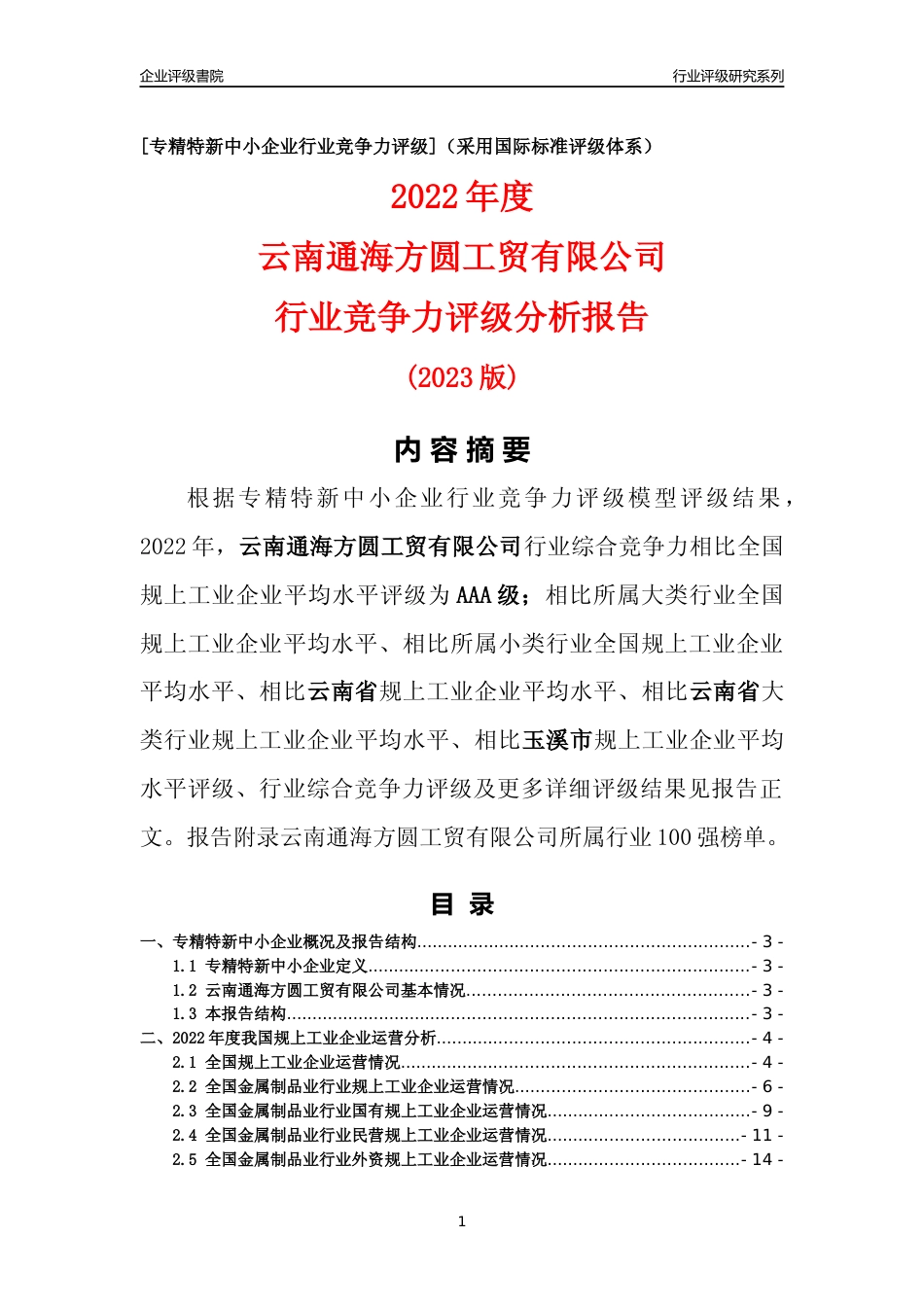 [专精特新]云南通海方圆工贸有限公司行业竞争力评级分析报告(2023版)_第1页
