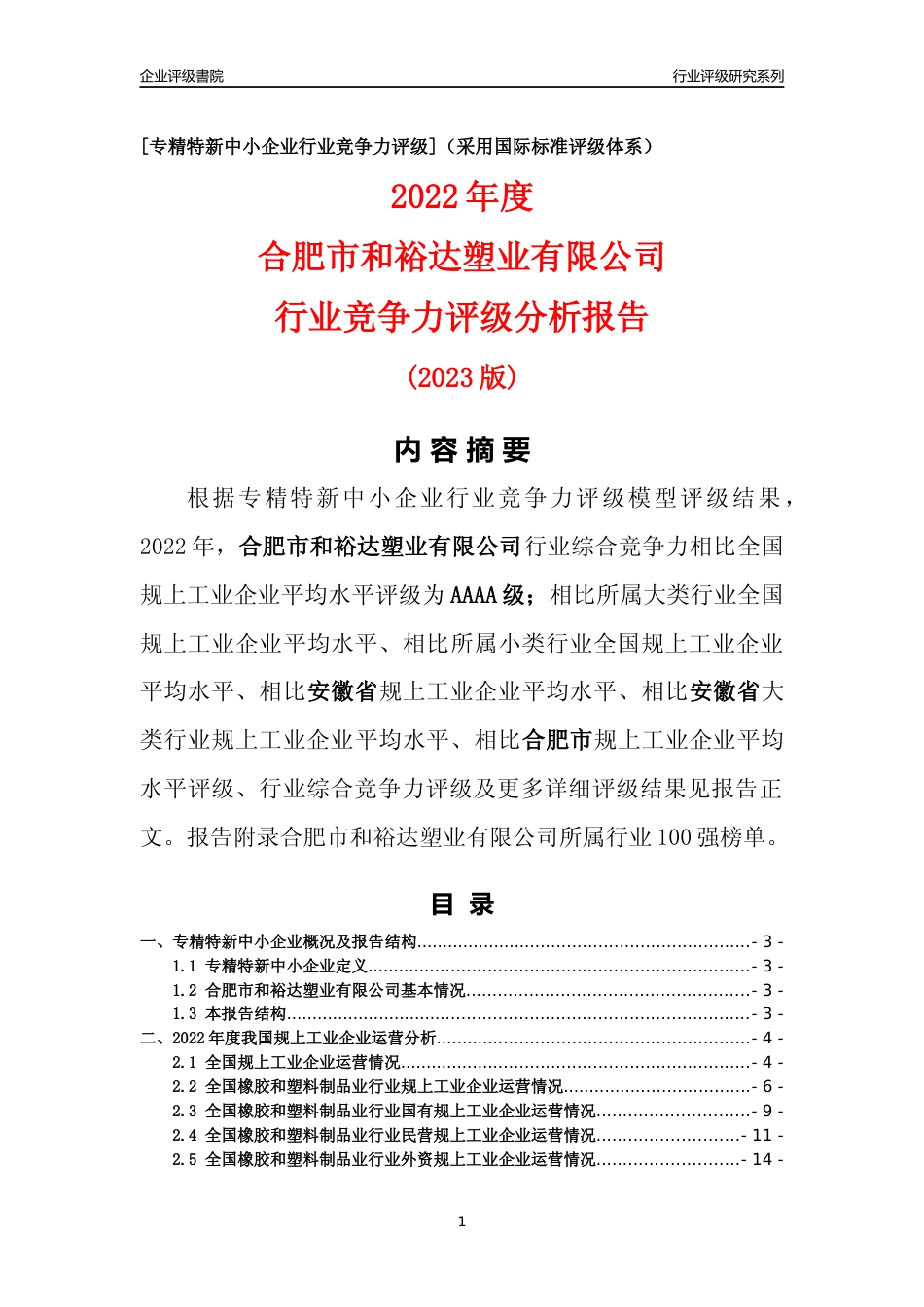 [专精特新]合肥市和裕达塑业有限公司行业竞争力评级分析报告(2023版)_第1页