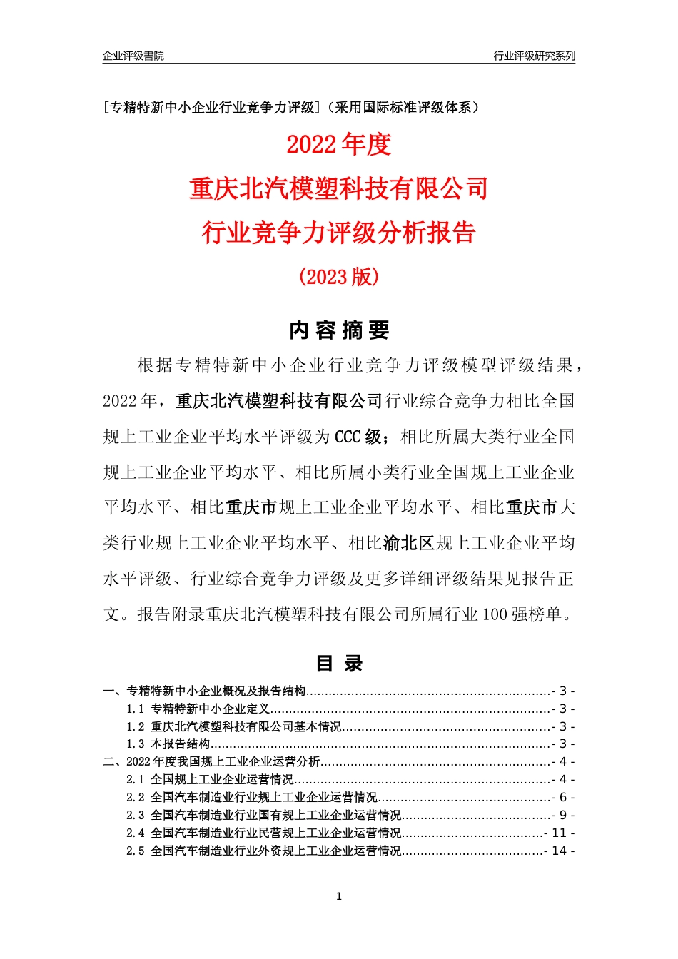 [专精特新]重庆北汽模塑科技有限公司行业竞争力评级分析报告(2023版)_第1页