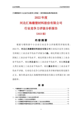 [专精特新]河北汇海橡塑材料股份有限公司行业竞争力评级分析报告(2023版)