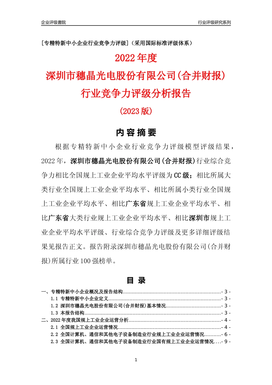 [专精特新]深圳市穗晶光电股份有限公司(合并财报)行业竞争力评级分析报告(2023版)_第1页