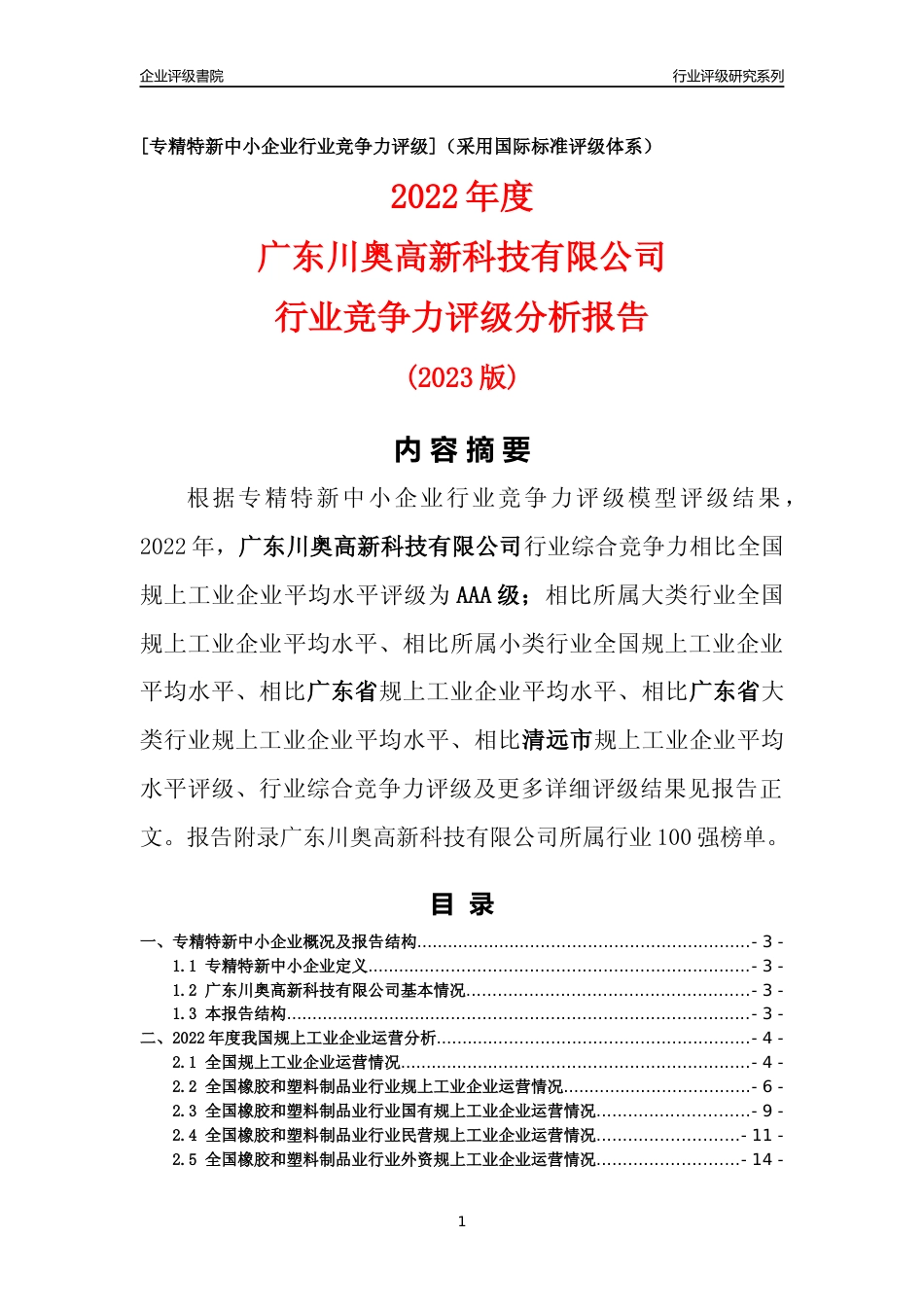 [专精特新]广东川奥高新科技有限公司行业竞争力评级分析报告(2023版)_第1页