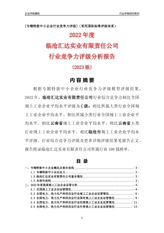 [专精特新]临沧汇达实业有限责任公司行业竞争力评级分析报告(2023版)