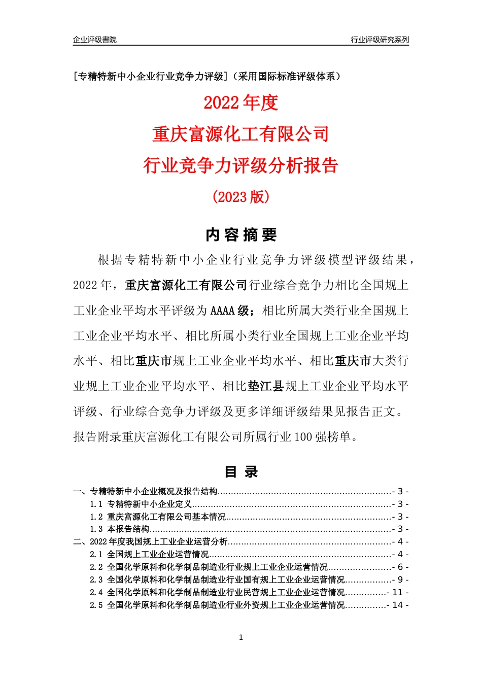 [专精特新]重庆富源化工有限公司行业竞争力评级分析报告(2023版)_第1页