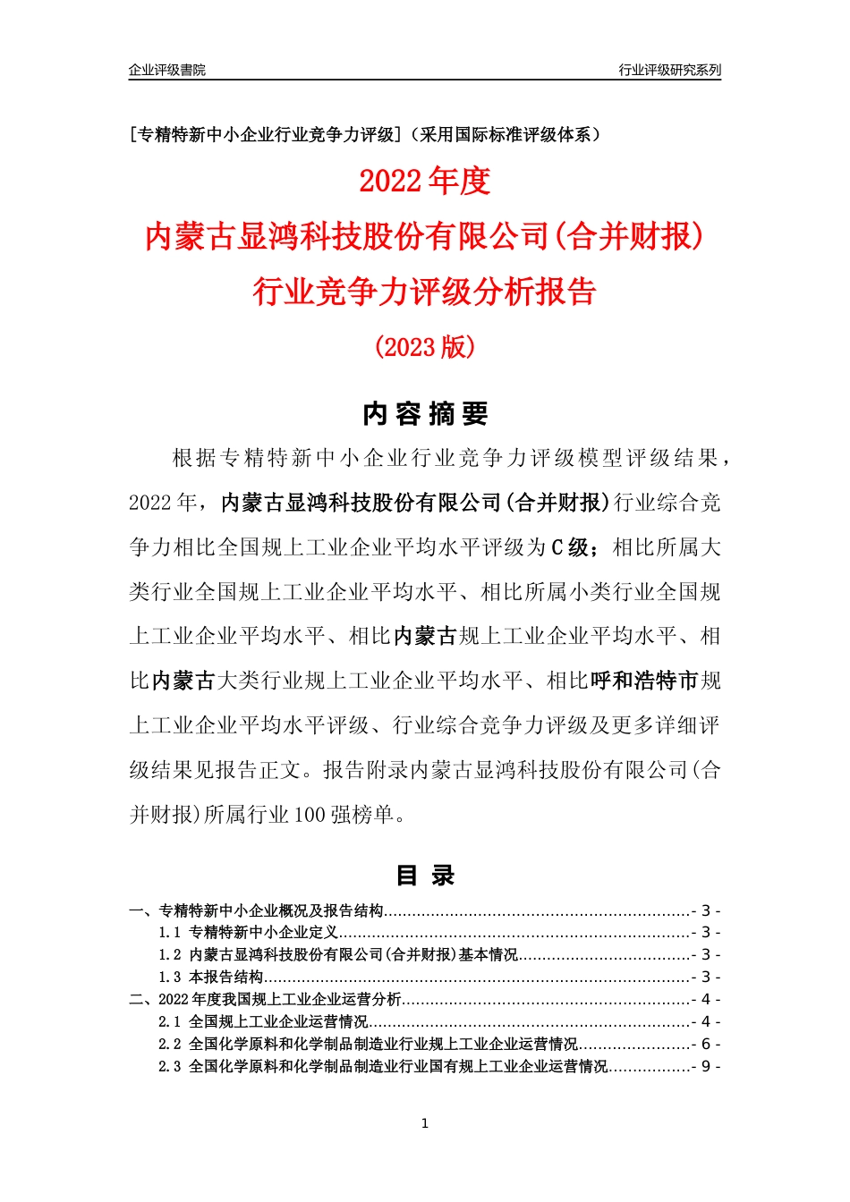 [专精特新]内蒙古显鸿科技股份有限公司(合并财报)行业竞争力评级分析报告(2023版)_第1页