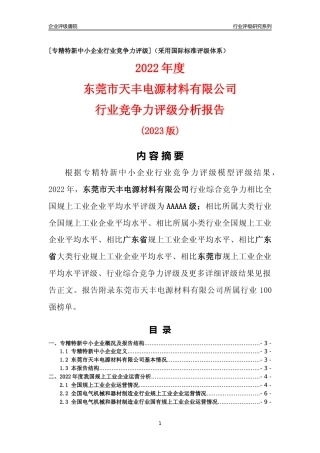 [专精特新]东莞市天丰电源材料有限公司行业竞争力评级分析报告(2023版)