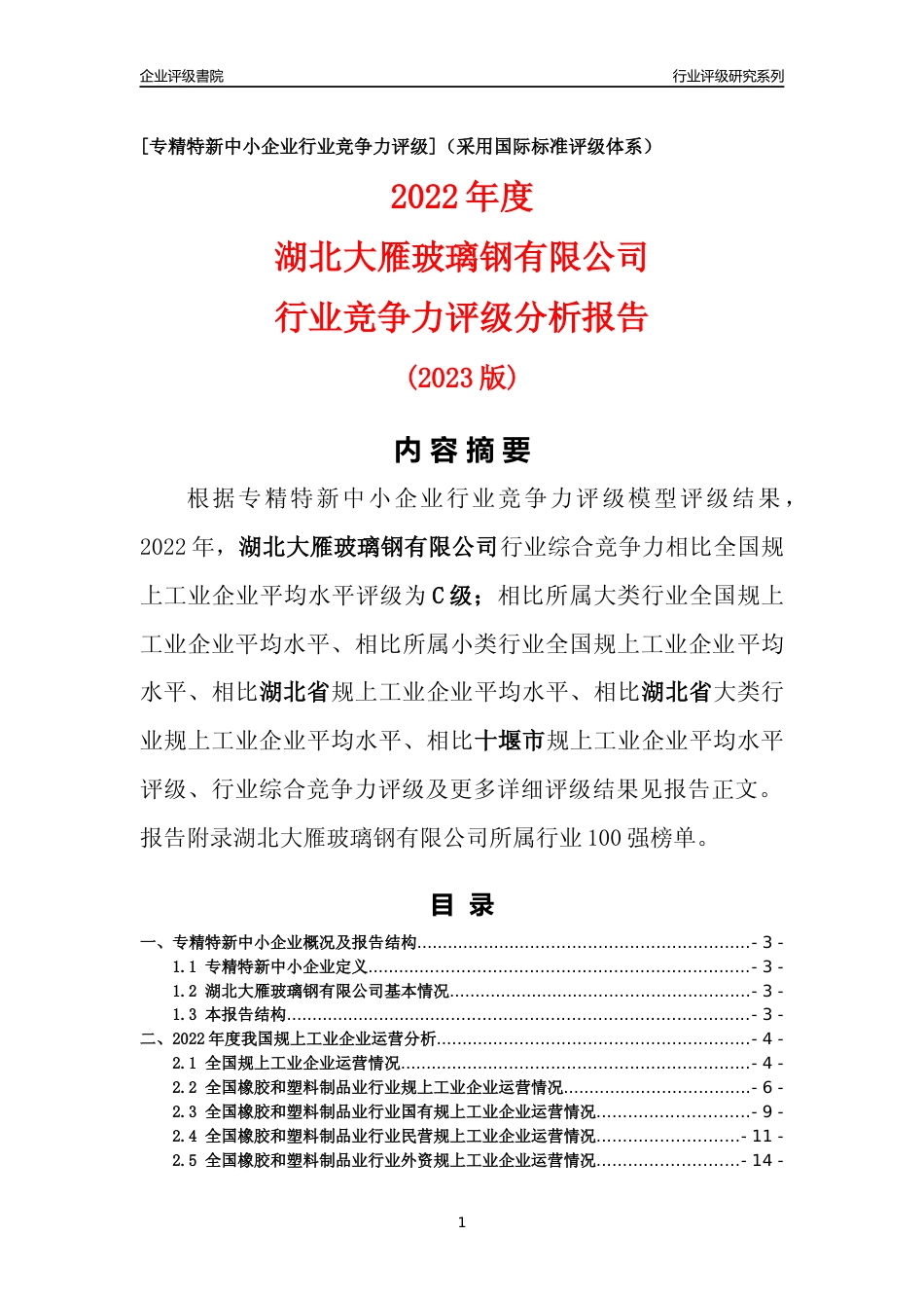 [专精特新]湖北大雁玻璃钢有限公司行业竞争力评级分析报告(2023版)_第1页