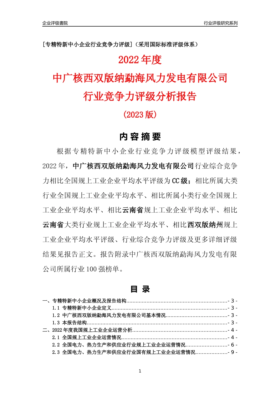 [专精特新]中广核西双版纳勐海风力发电有限公司行业竞争力评级分析报告(2023版)_第1页