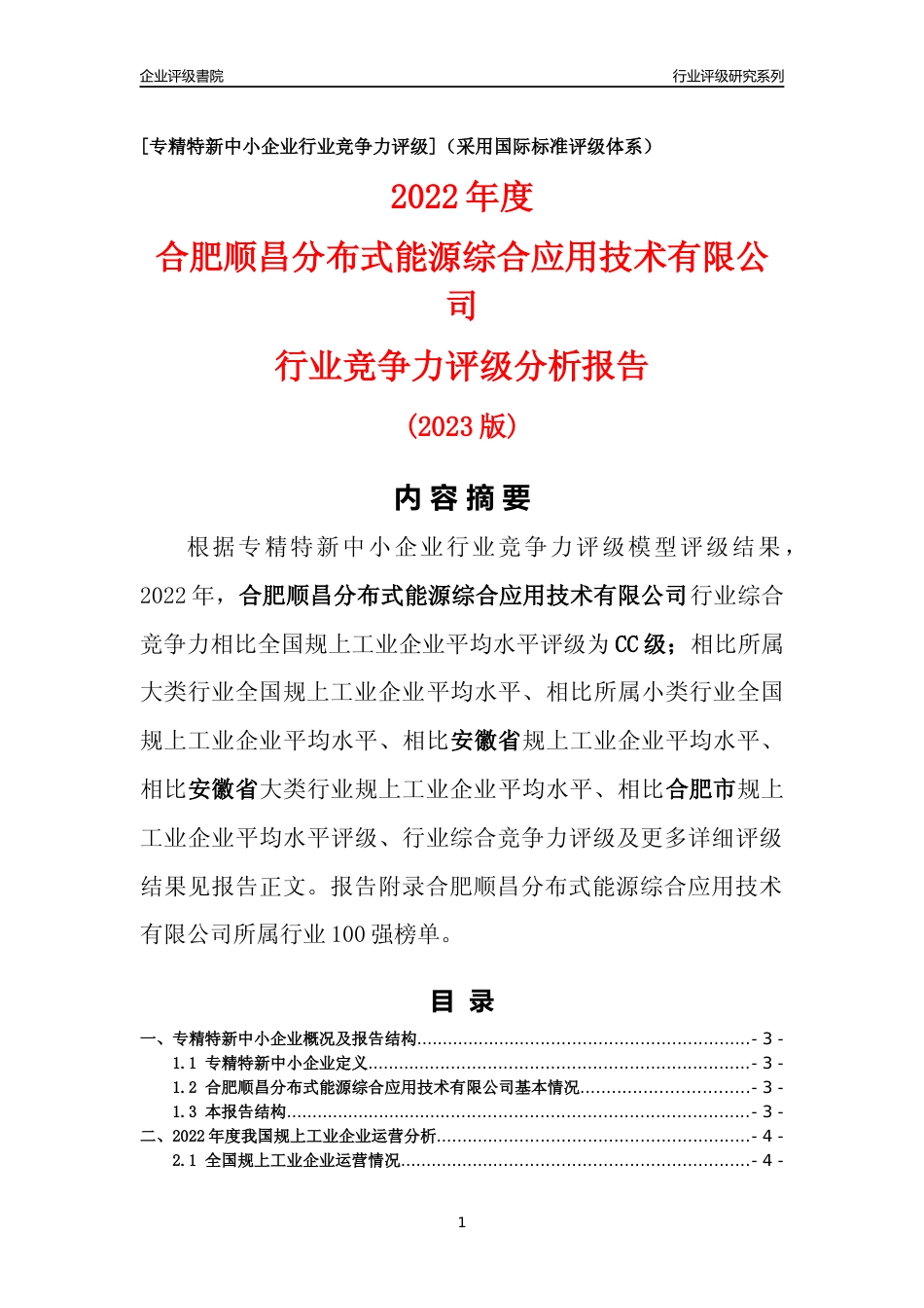 [专精特新]合肥顺昌分布式能源综合应用技术有限公司行业竞争力评级分析报告(2023版)_第1页