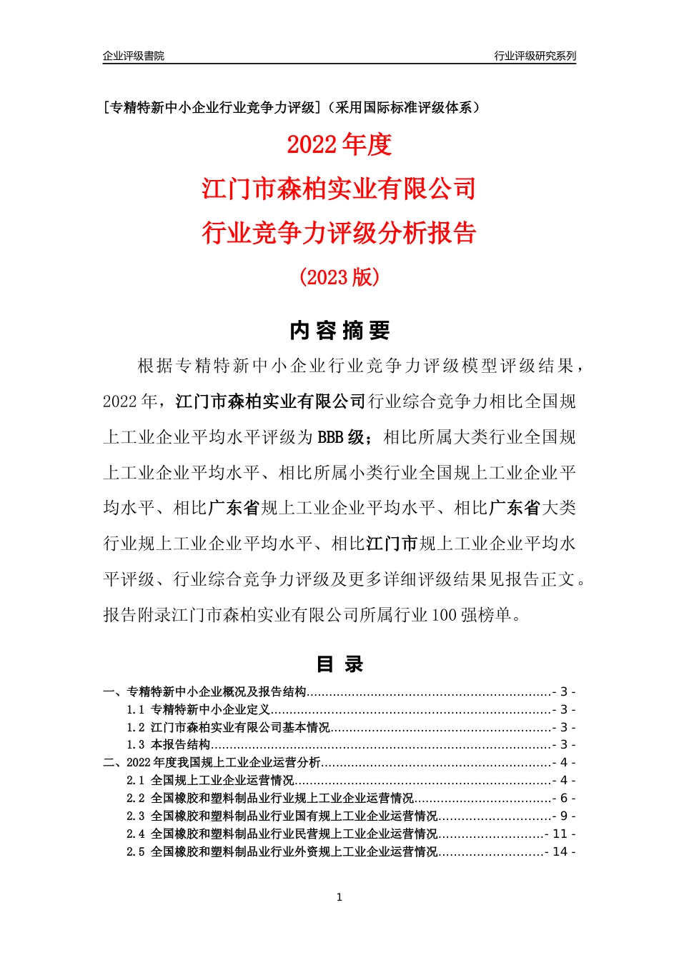 [专精特新]江门市森柏实业有限公司行业竞争力评级分析报告(2023版)_第1页