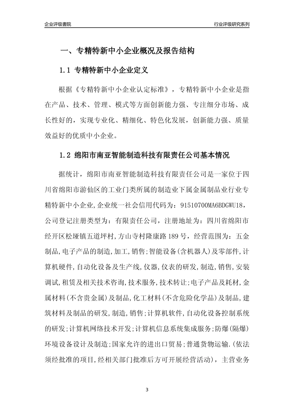 [专精特新]绵阳市南亚智能制造科技有限责任公司行业竞争力评级分析报告(2023版)_第3页