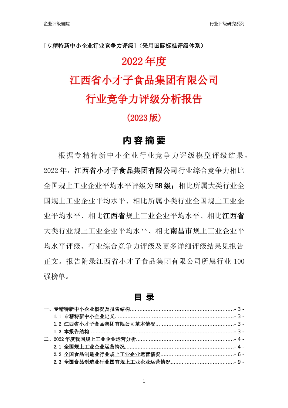 [专精特新]江西省小才子食品集团有限公司行业竞争力评级分析报告(2023版)_第1页