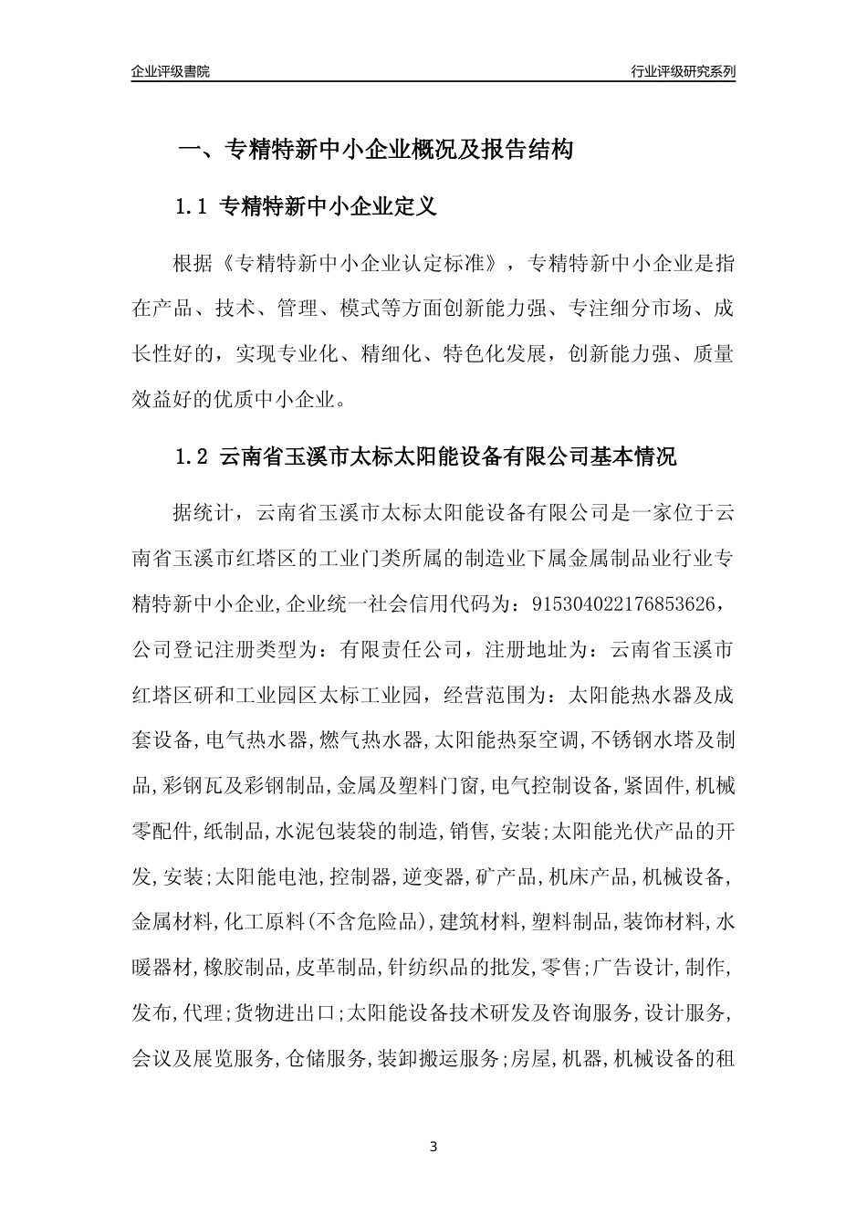 [专精特新]云南省玉溪市太标太阳能设备有限公司行业竞争力评级分析报告(2023版)_第3页