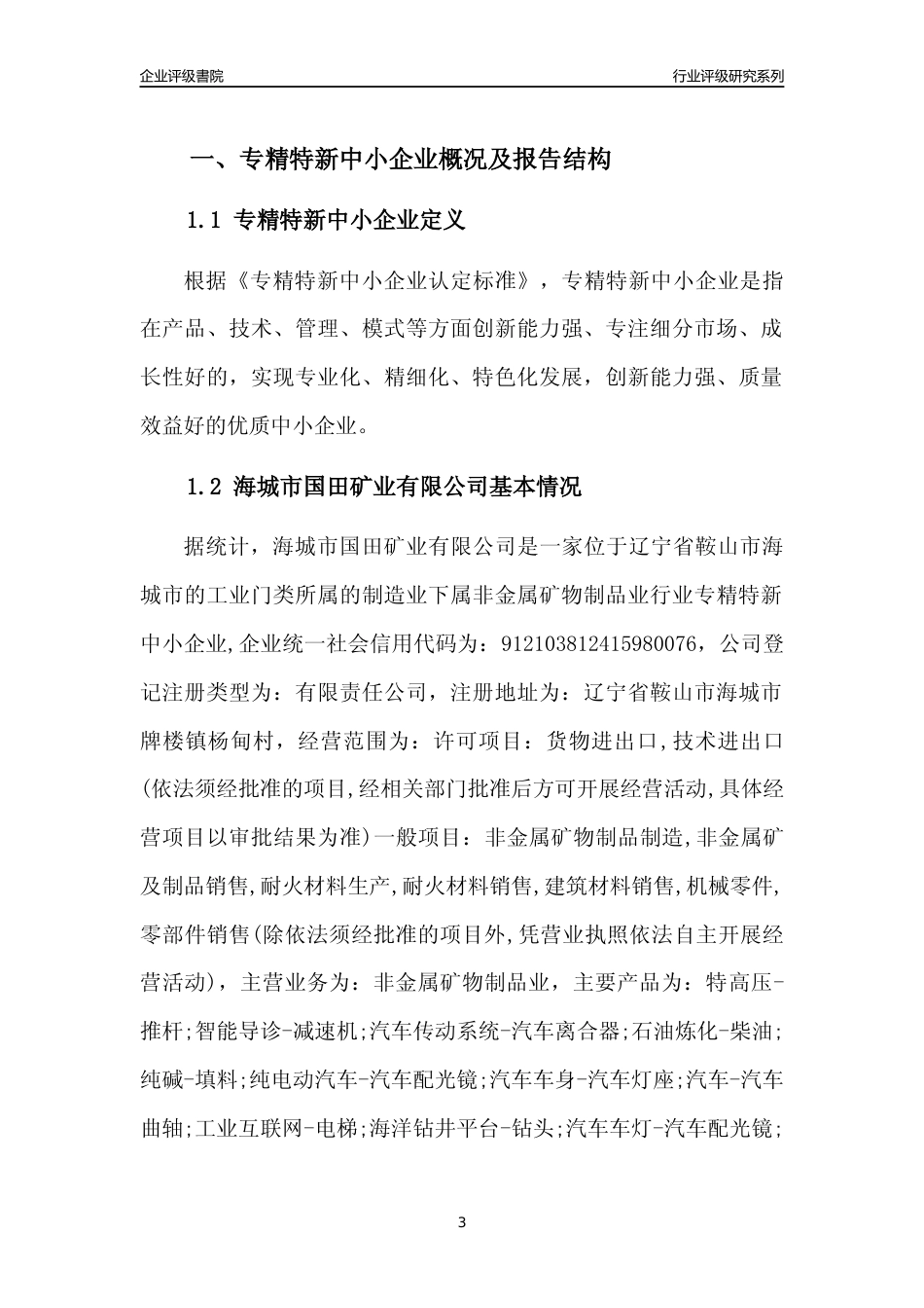 [专精特新]海城市国田矿业有限公司行业竞争力评级分析报告(2023版)_第3页