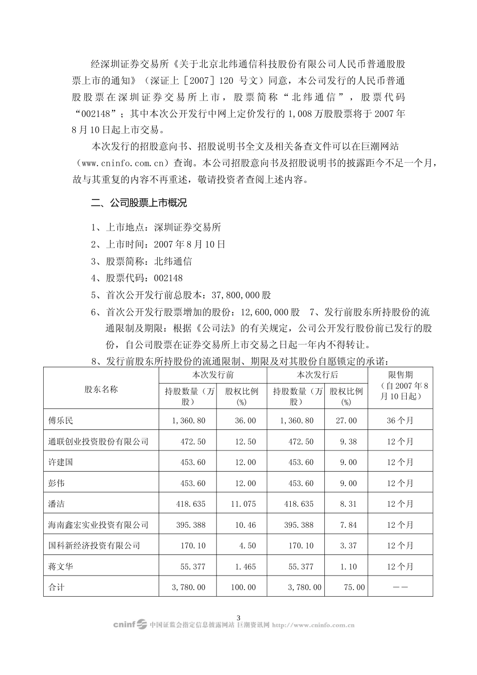 北纬通信：首次公开发行股票上市公告书_第3页