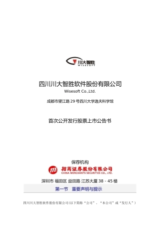 川大智胜：首次公开发行股票上市公告书