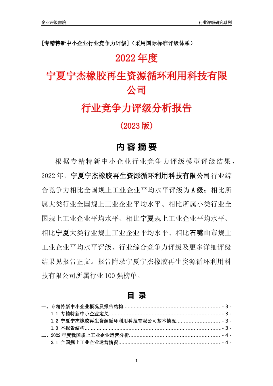 [专精特新]宁夏宁杰橡胶再生资源循环利用科技有限公司行业竞争力评级分析报告(2023版)_第1页