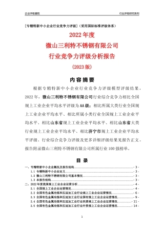 [专精特新]微山三利特不锈钢有限公司行业竞争力评级分析报告(2023版)