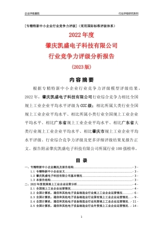 [专精特新]肇庆凯盛电子科技有限公司行业竞争力评级分析报告(2023版)