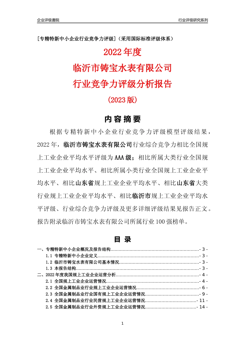 [专精特新]临沂市铸宝水表有限公司行业竞争力评级分析报告(2023版)_第1页
