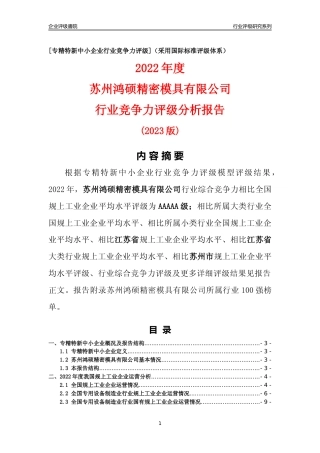 [专精特新]苏州鸿硕精密模具有限公司行业竞争力评级分析报告(2023版)