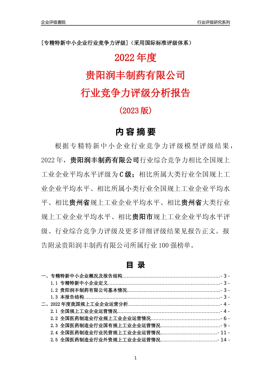 [专精特新]贵阳润丰制药有限公司行业竞争力评级分析报告(2023版)_第1页