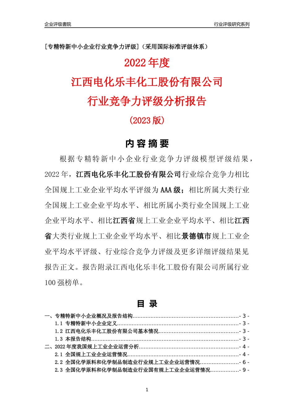 [专精特新]江西电化乐丰化工股份有限公司行业竞争力评级分析报告(2023版)_第1页