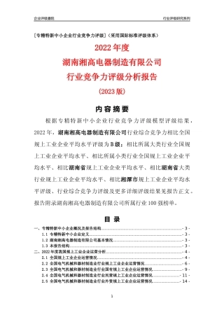 [专精特新]湖南湘高电器制造有限公司行业竞争力评级分析报告(2023版)