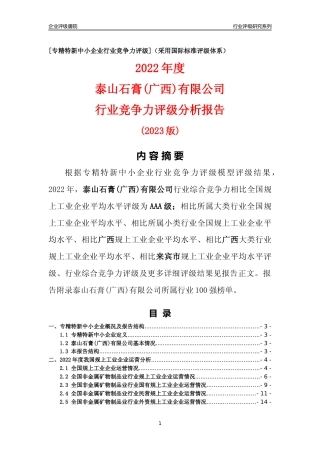 [专精特新]泰山石膏(广西)有限公司行业竞争力评级分析报告(2023版)