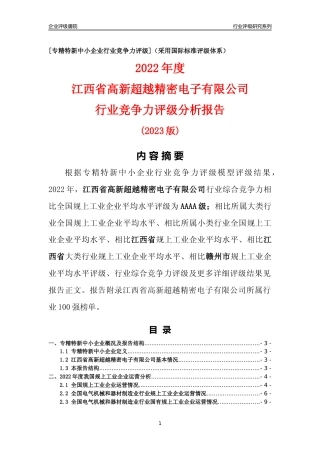 [专精特新]江西省高新超越精密电子有限公司行业竞争力评级分析报告(2023版)