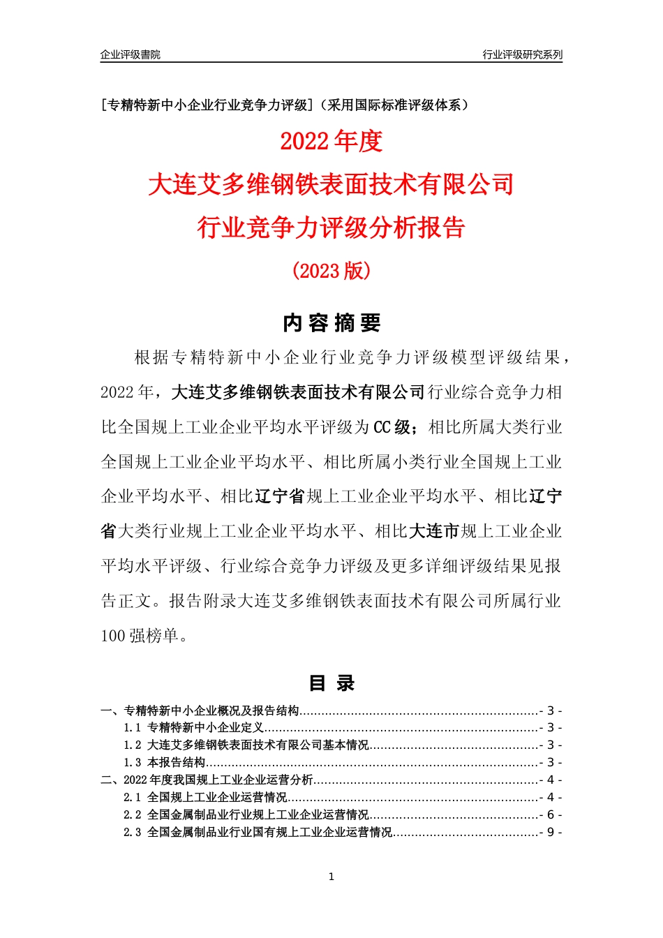 [专精特新]大连艾多维钢铁表面技术有限公司行业竞争力评级分析报告(2023版)_第1页