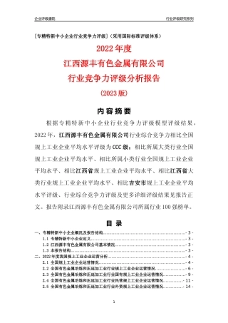 [专精特新]江西源丰有色金属有限公司行业竞争力评级分析报告(2023版)