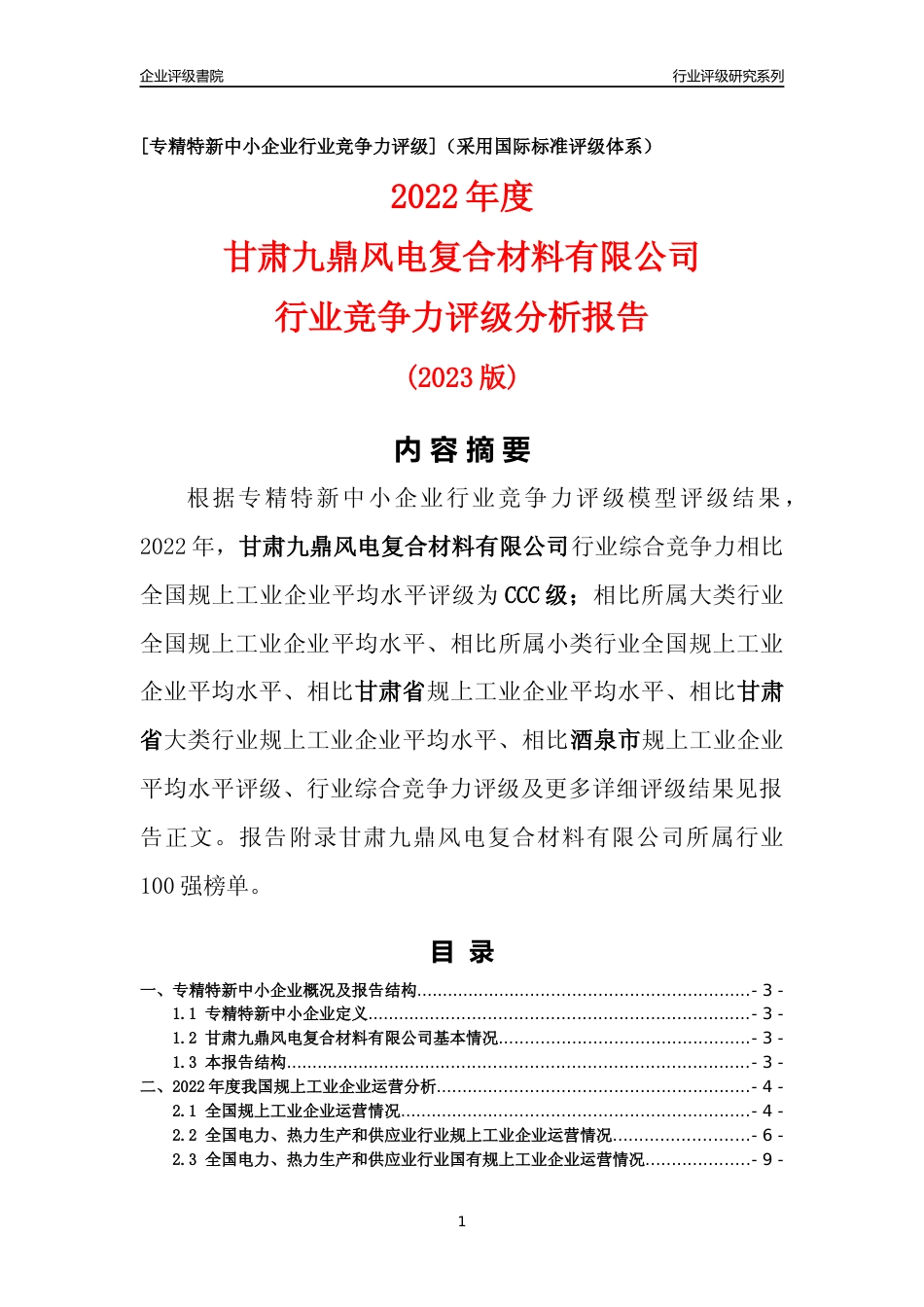 [专精特新]甘肃九鼎风电复合材料有限公司行业竞争力评级分析报告(2023版)_第1页