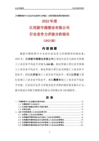 [专精特新]江西新宇源塑业有限公司行业竞争力评级分析报告(2023版)