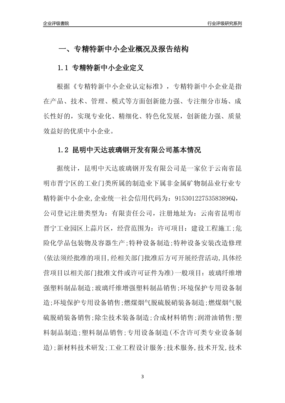 [专精特新]昆明中天达玻璃钢开发有限公司行业竞争力评级分析报告(2023版)_第3页