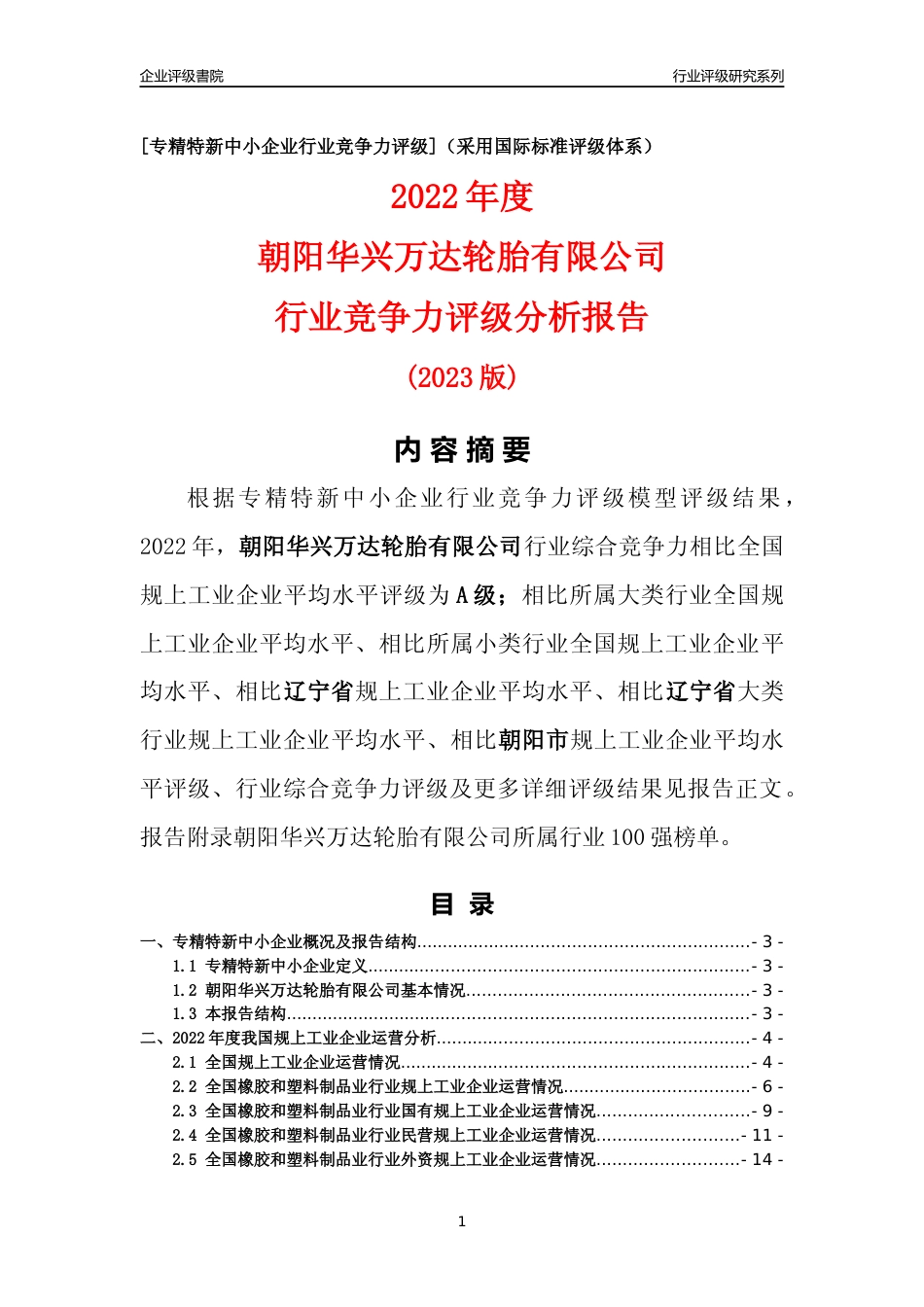[专精特新]朝阳华兴万达轮胎有限公司行业竞争力评级分析报告(2023版)_第1页