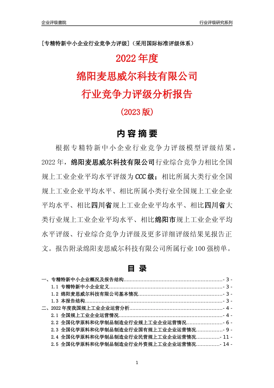[专精特新]绵阳麦思威尔科技有限公司行业竞争力评级分析报告(2023版)_第1页