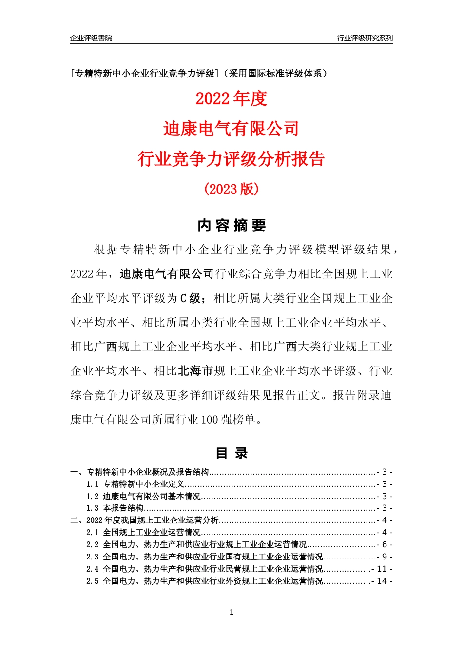[专精特新]迪康电气有限公司行业竞争力评级分析报告(2023版)_第1页