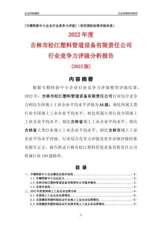 [专精特新]吉林市松江塑料管道设备有限责任公司行业竞争力评级分析报告(2023版)