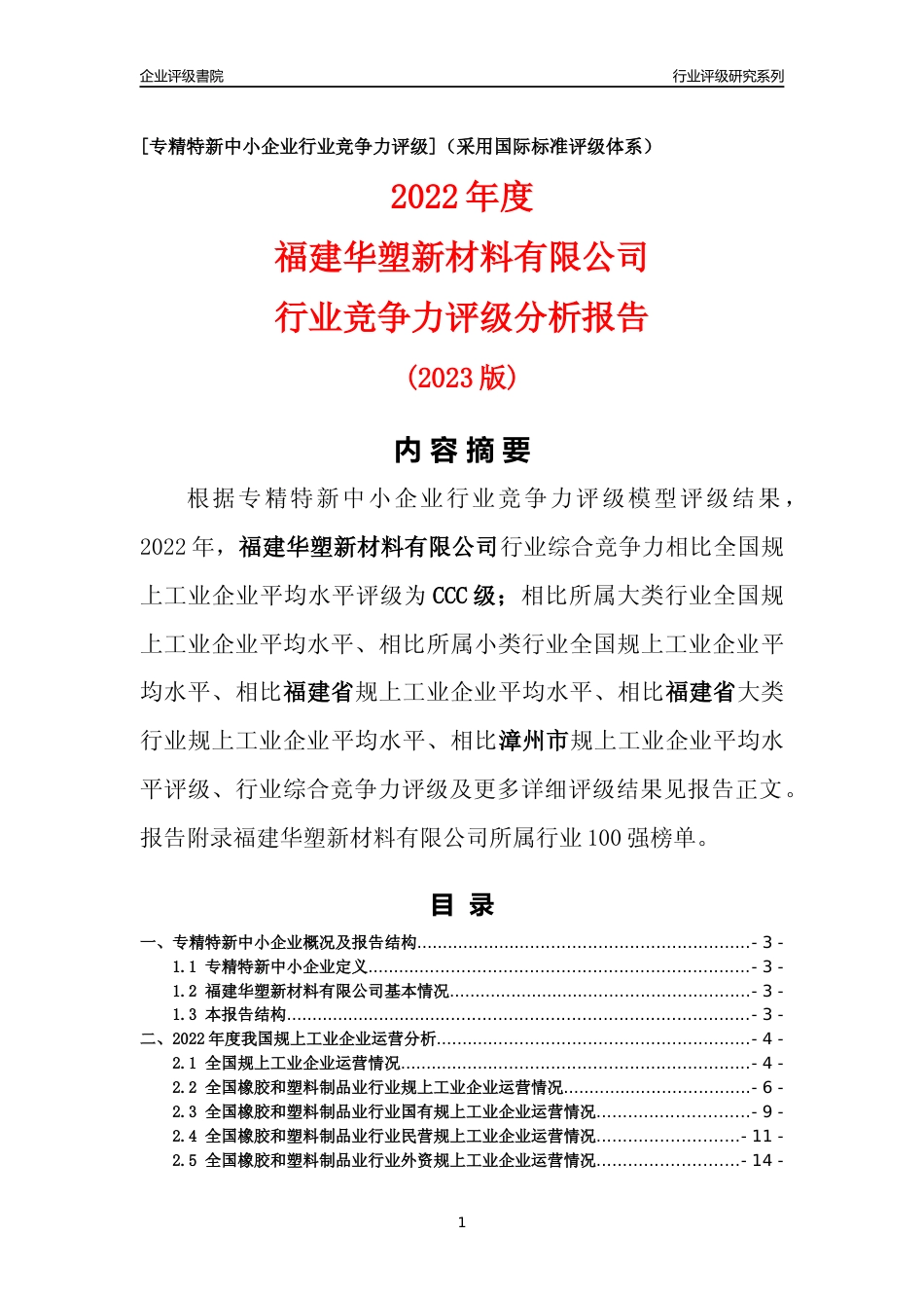 [专精特新]福建华塑新材料有限公司行业竞争力评级分析报告(2023版)_第1页
