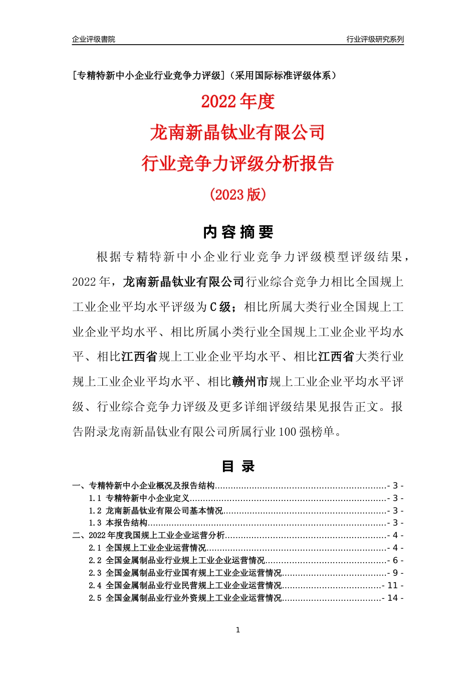 [专精特新]龙南新晶钛业有限公司行业竞争力评级分析报告(2023版)_第1页