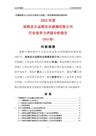 [专精特新]桂林皮尔金顿安全玻璃有限公司行业竞争力评级分析报告(2023版)