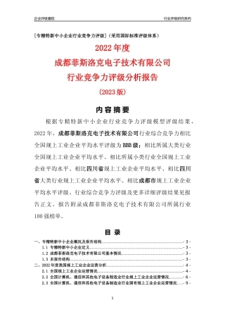 [专精特新]成都菲斯洛克电子技术有限公司行业竞争力评级分析报告(2023版)