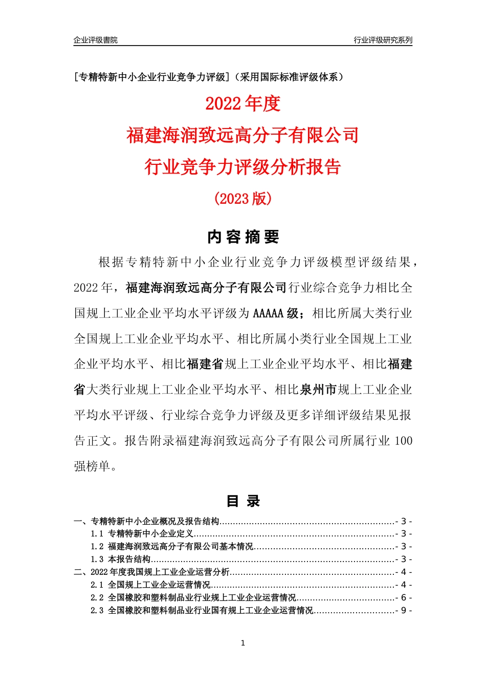 [专精特新]福建海润致远高分子有限公司行业竞争力评级分析报告(2023版)_第1页