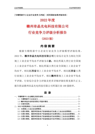[专精特新]赣州帝晶光电科技有限公司行业竞争力评级分析报告(2023版)