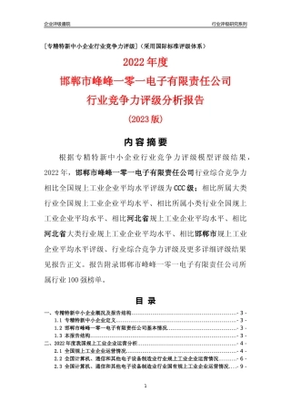 [专精特新]邯郸市峰峰一零一电子有限责任公司行业竞争力评级分析报告(2023版)